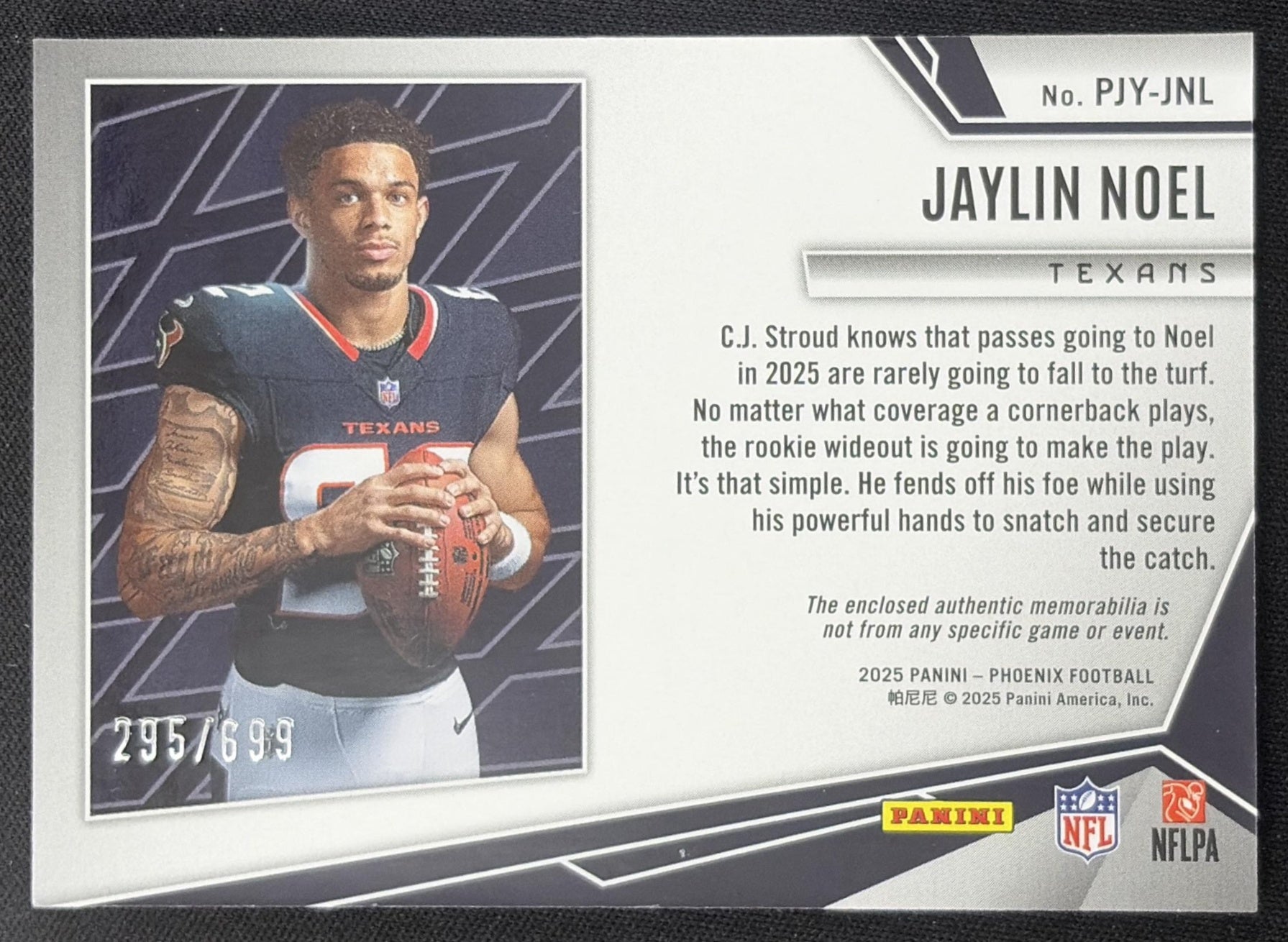 Jaylin Noel 2025 Panini Phoenix Rookie Phenom Jersey /699 Texans