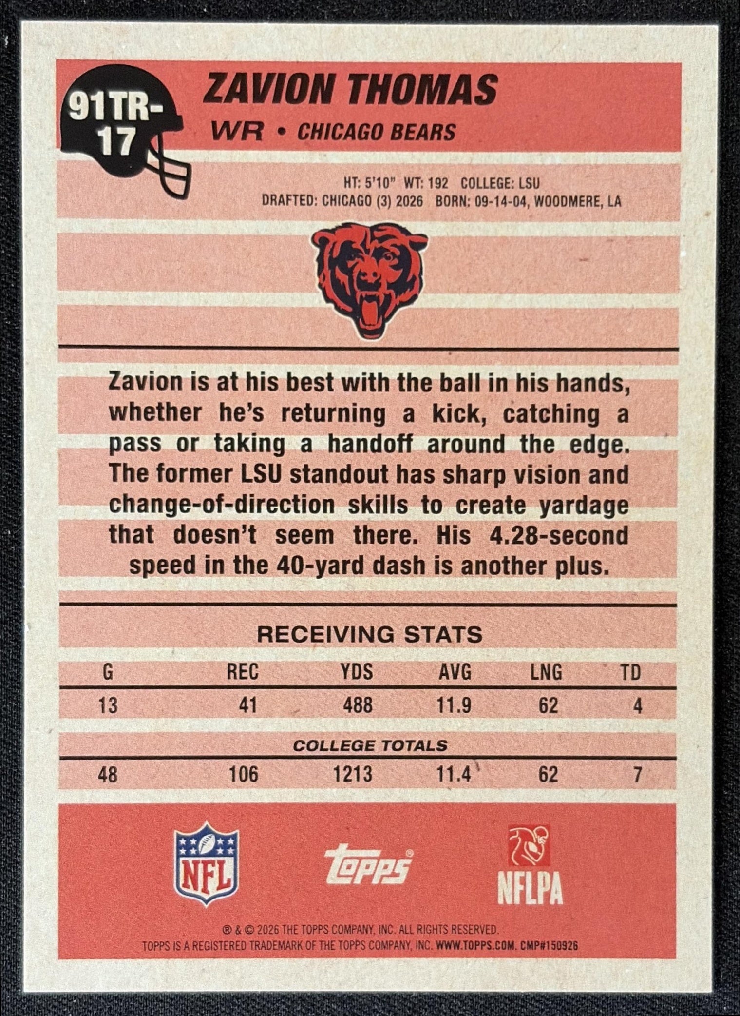Zavion Thomas 2026 Topps 1991 Rookie Bears back