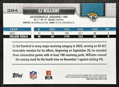 CJ Williams 2026 Topps Flagship Rookie Jaguars Sports Trading Cards