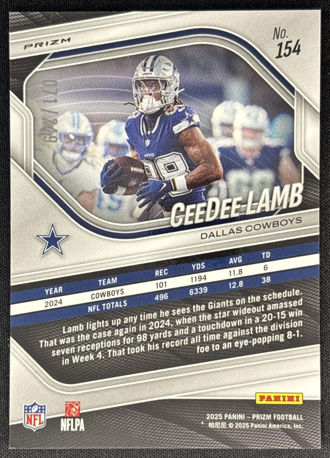 CeeDee Lamb 2025 Panini Prizm Orange /249 Cowboys back