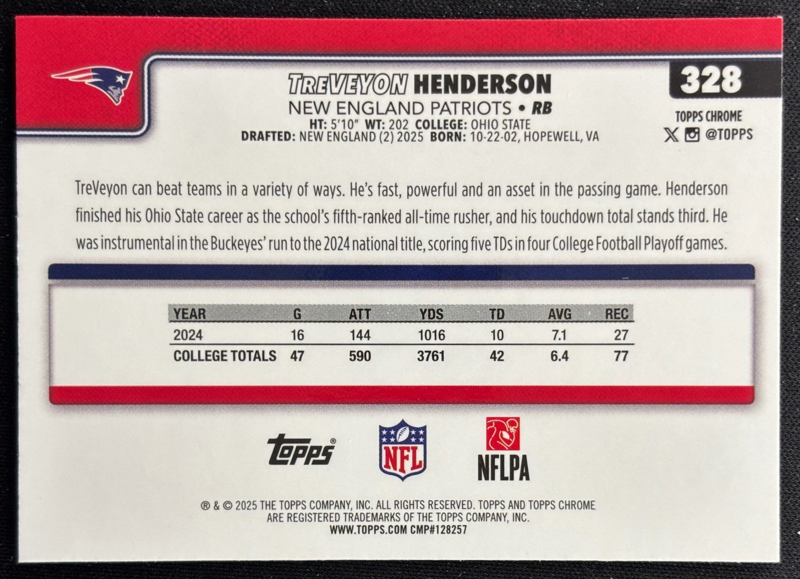 TreVeyon Henderson 2025 Topps Chrome Rookie Patriots Sports Trading Cards