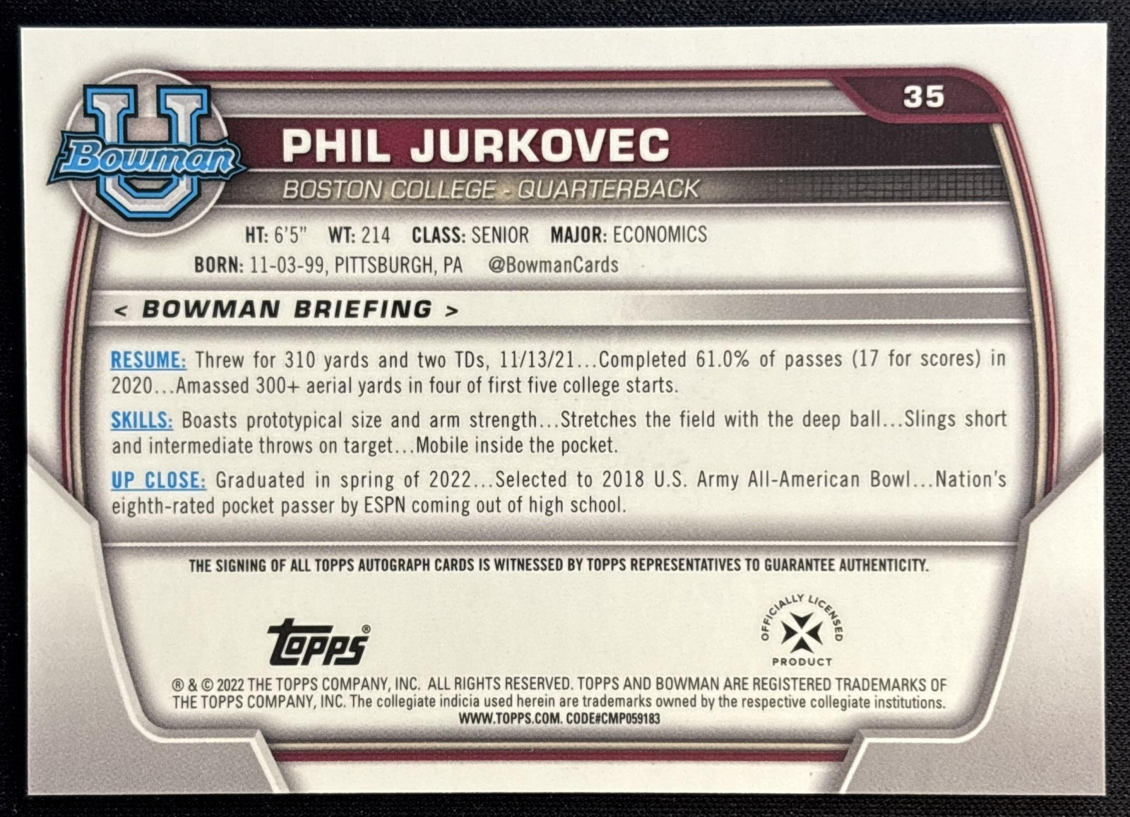 Phil Jurkovec 2022 Bowman University Chrome Prospect Auto Eagles back