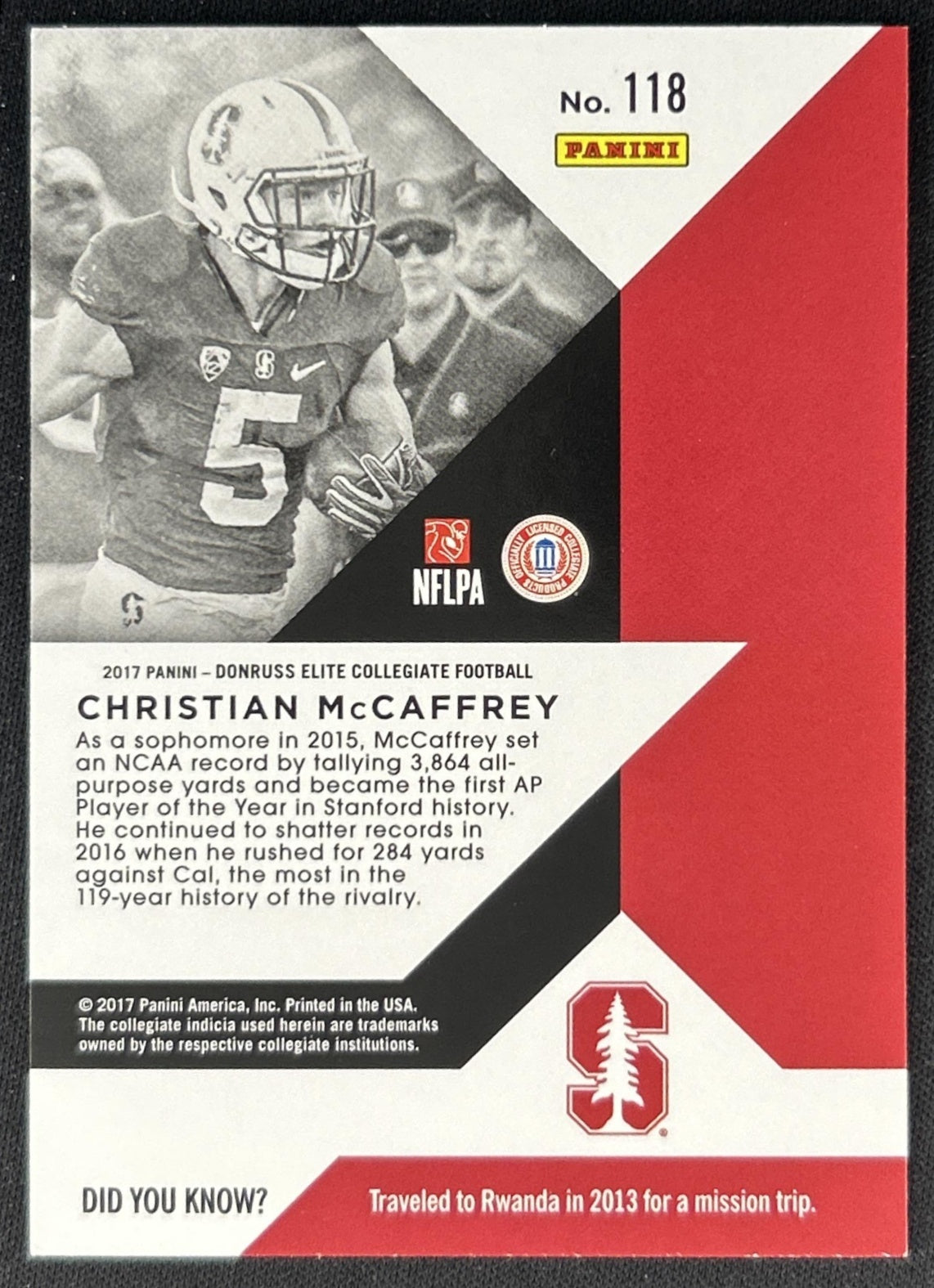 Christian McCaffrey 2017 Panini Elite Draft Picks back