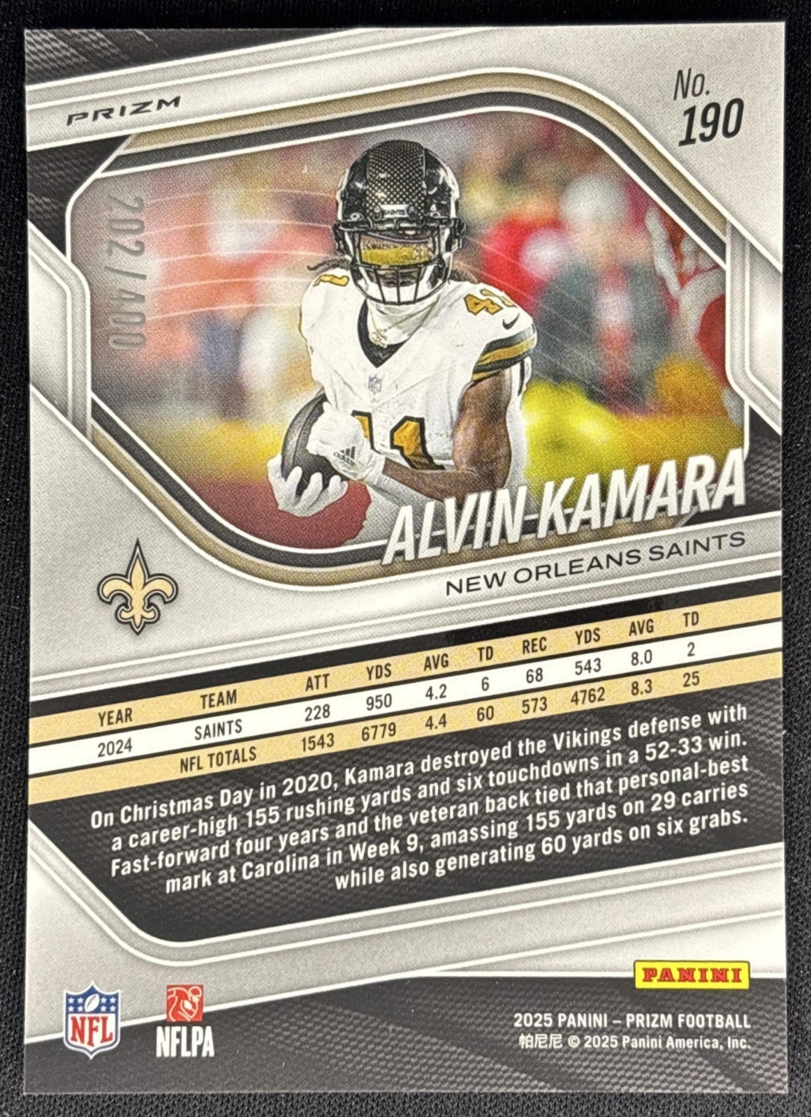 Alvin Kamara 2025 Panini Prizm Pandora /400 Saints Sports Trading Cards