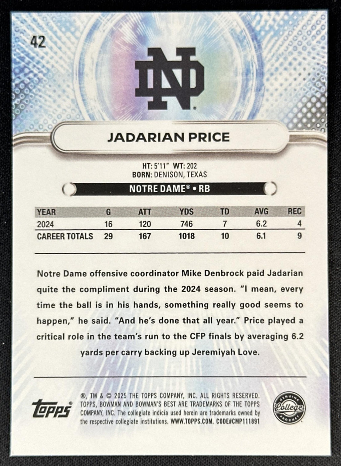 Jadarian Price 2025 Bowman Best University Blue Refractor /150 Fighting Irish