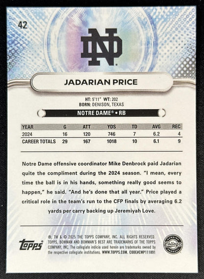 Jadarian Price 2025 Bowman Best University Blue Refractor /150 Fighting Irish