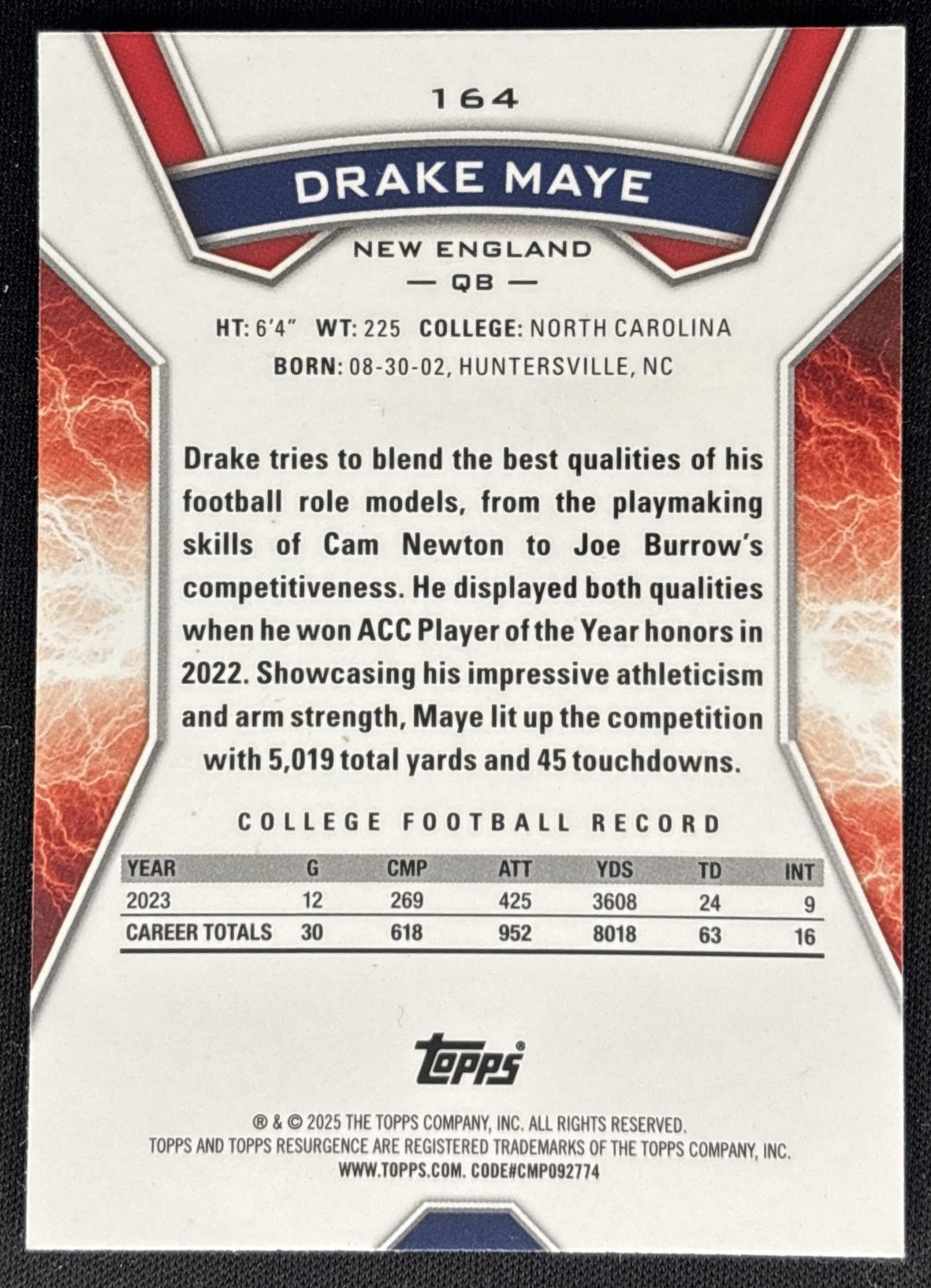 *Damaged* Drake Maye 2024 Topps Resurgence Yellow Surge /225 Patriots Sports Trading Cards