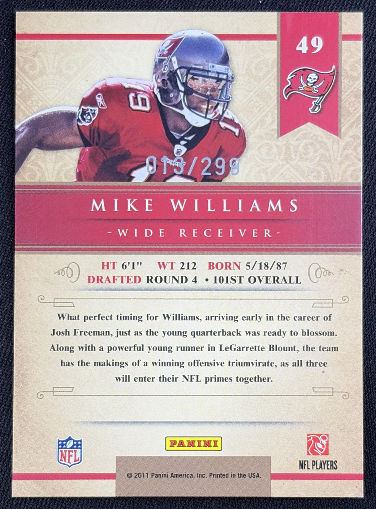 Mike Williams 2011 Panini Gold Standard /299 Buccaneers - Back