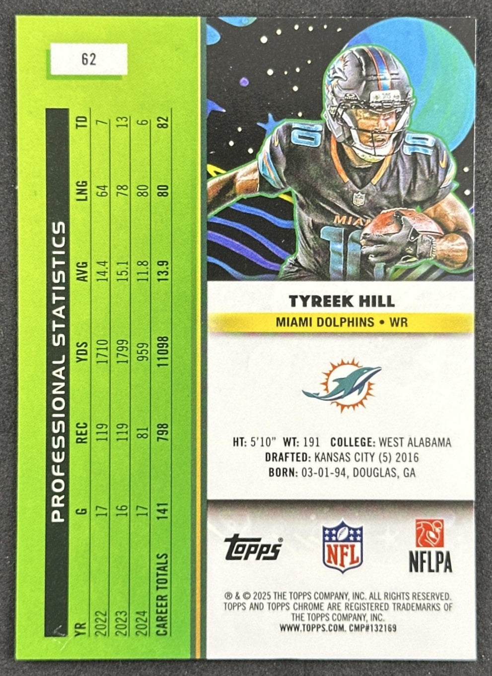 Tyreek Hill 2025 Topps Cosmic Chrome Dolphins back