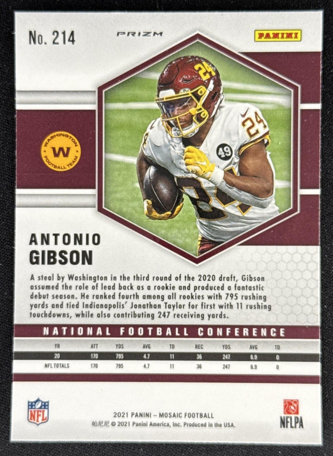 Antonio Gibson 2021 Panini Mosaic Prizm Reactive Yellow Commanders Sports Trading Card