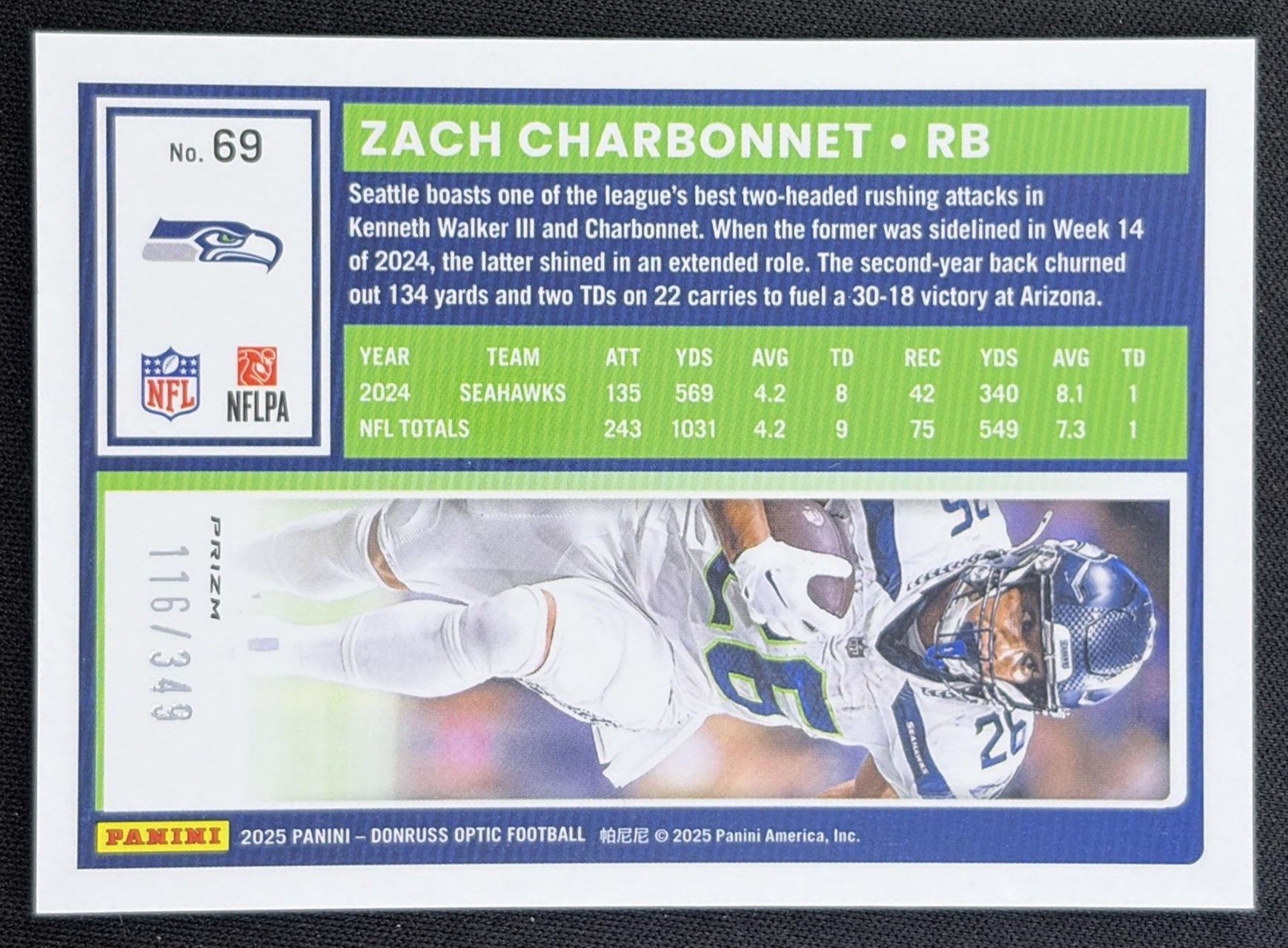 Zach Charbonnet 2025 Panini Donruss Optic Aqua Prizm /349 Seahawks