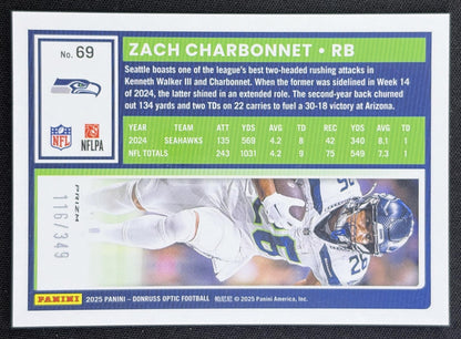 Zach Charbonnet 2025 Panini Donruss Optic Aqua Prizm /349 Seahawks