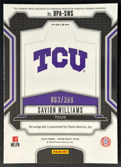 Savion Williams 2025 Prizm Draft Picks Auto Red /399 Horned Frogs back | Wayne Collection
