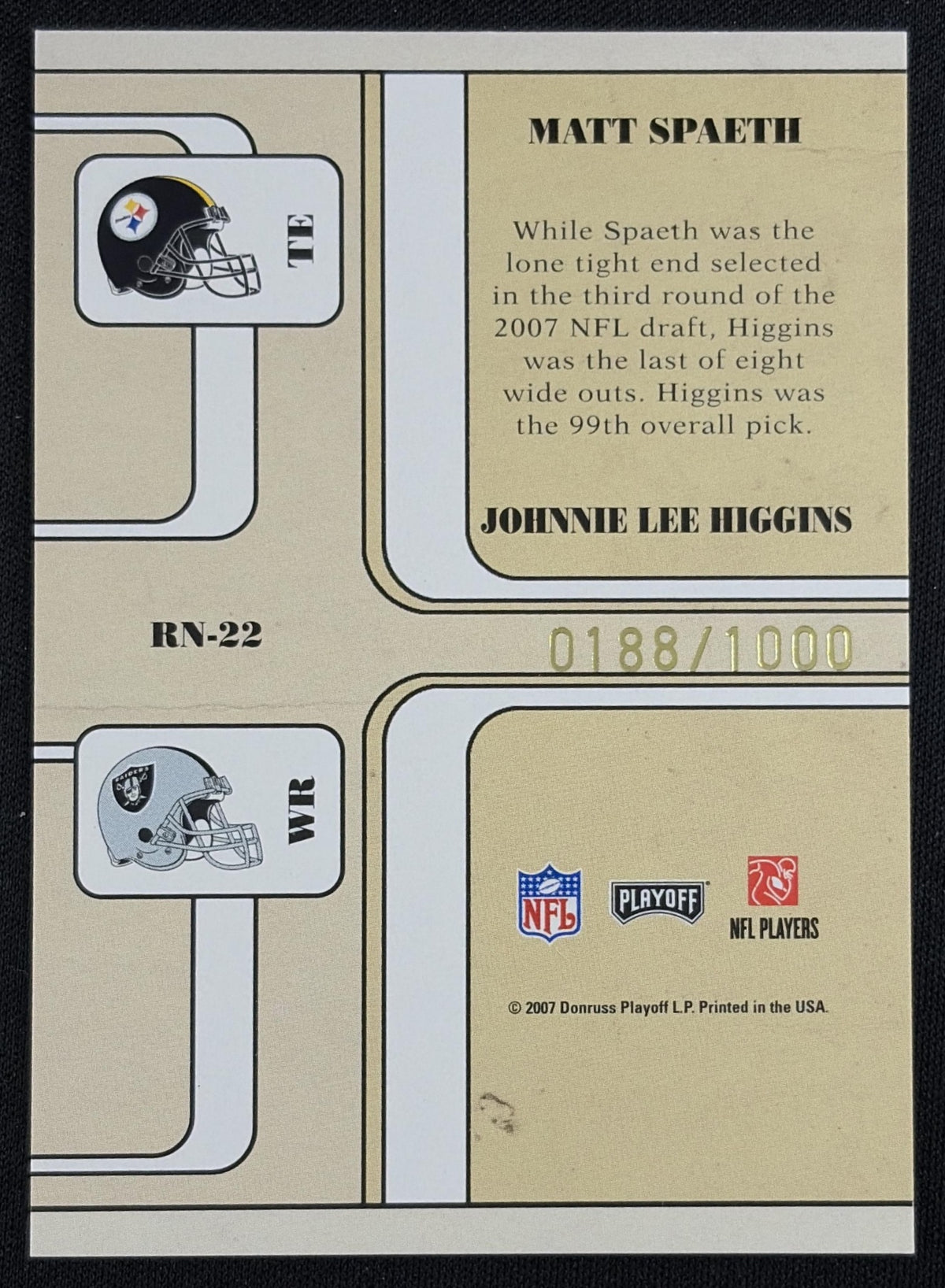 Matt Spaeth Johnnie Lee Higgins 2007 Playoff Contenders Round Numbers /1000 Sports Trading Card