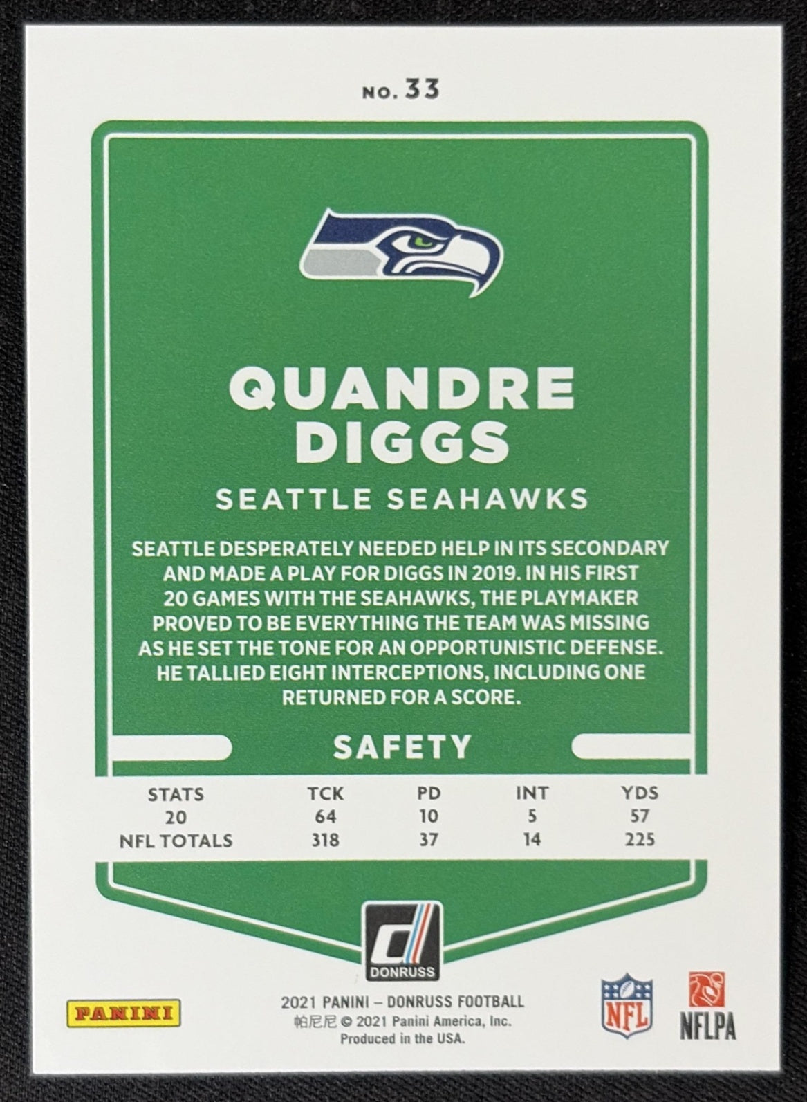 Quandre Diggs 2021 Panini Donruss Press Proof Premium Seahawks Sports Trading Card