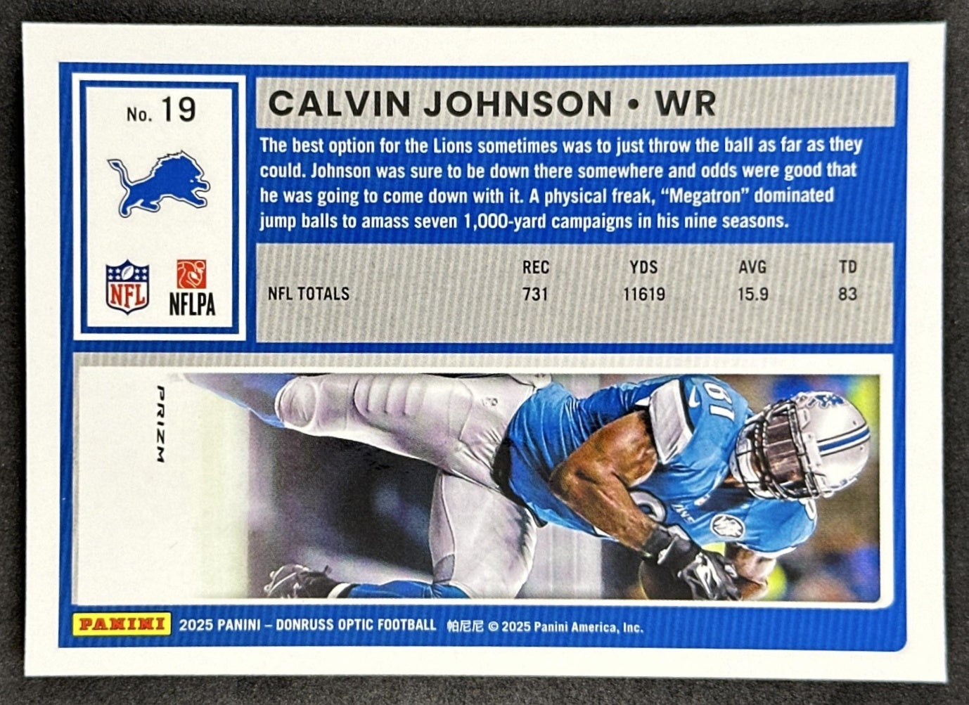 Calvin Johnson 2025 Panini Donruss Optic Stars Prizm Lions back