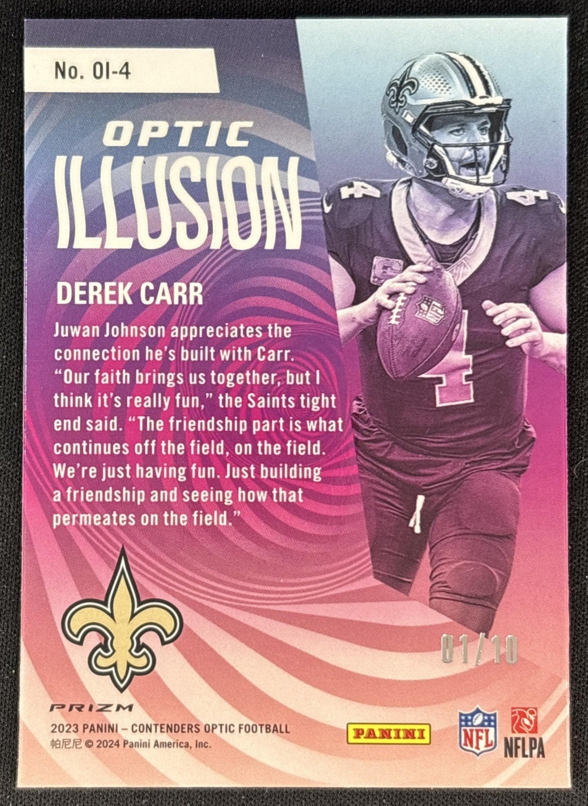 Derek Carr 2023 Panini Contenders Optic Illusion Gold /10 Saints back