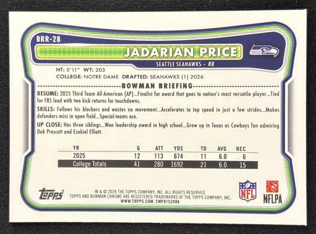 Jadarian Price 2026 Bowman Chrome Red RC Variation Seahawks Rookie Sports Trading Card