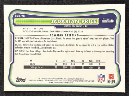 Jadarian Price 2026 Bowman Chrome Red RC Variation Seahawks Rookie Sports Trading Card