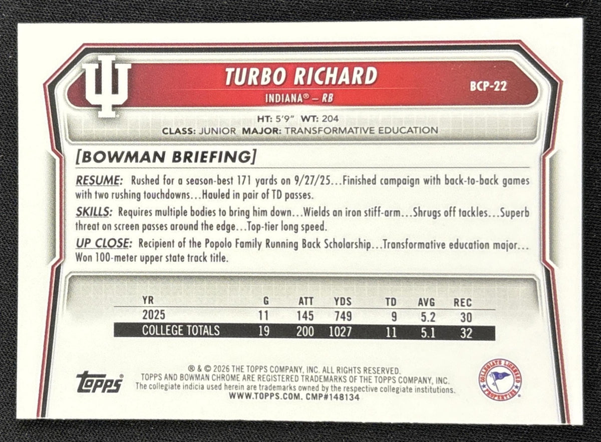 Turbo Richard 2026 Bowman Chrome Prospects Mojo Refractor Hoosiers