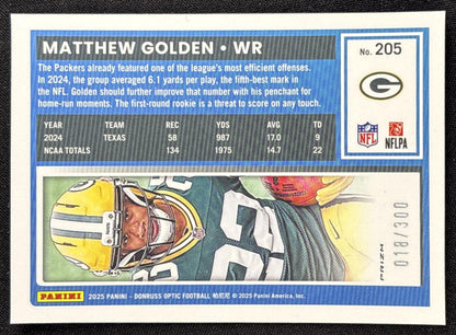 Matthew Golden 2025 Panini Donruss Optic Rated Rookie Wave Prizm /300 Packers - back