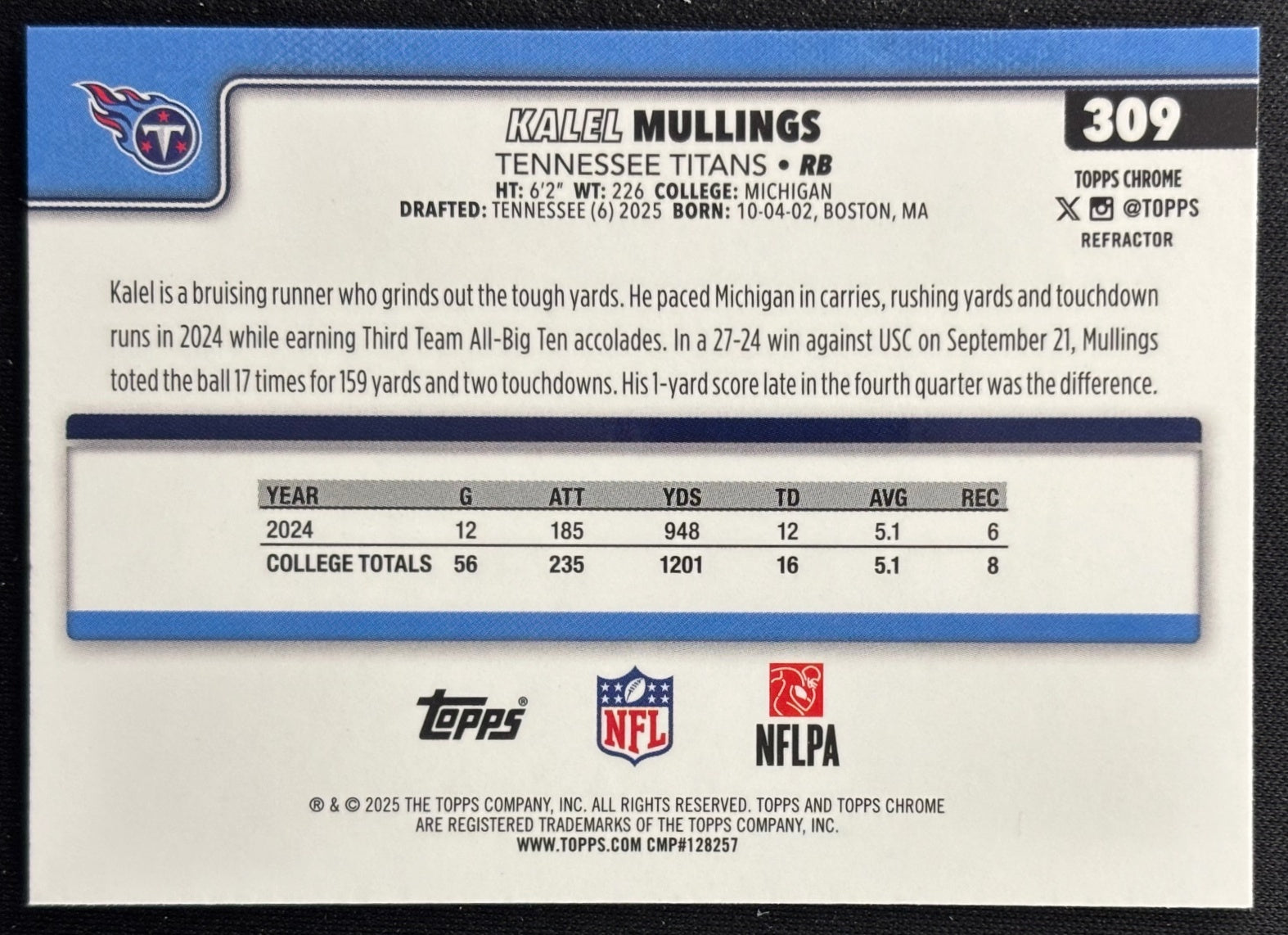 Kalel Mullings 2025 Topps Chrome Rookie Refractor Titans Sports Trading Cards