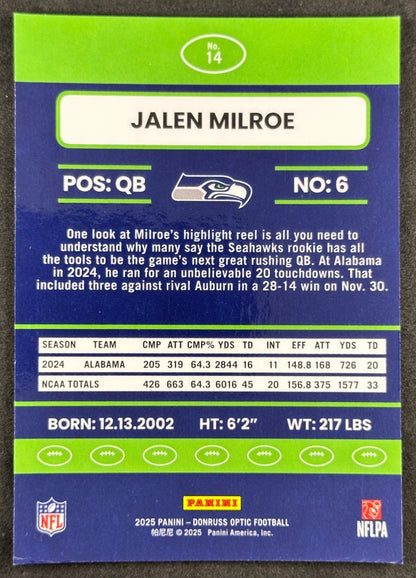 Jalen Milroe 2025 Donruss Optic 2015 Retro Seahawks Sports Trading Cards