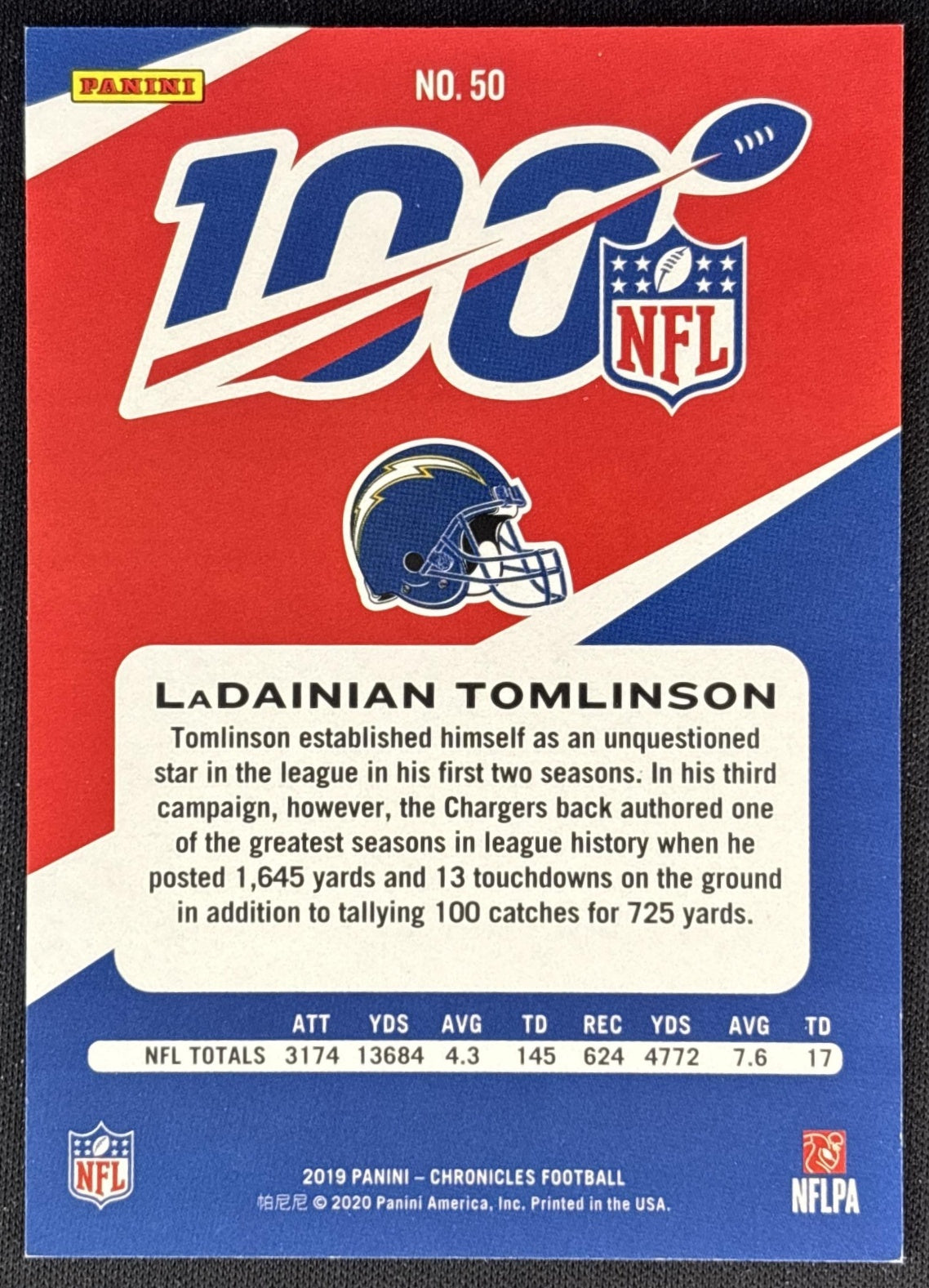 LaDainian Tomlinson 2019 Panini Chronicles NFL 100 Red /199 Chargers back