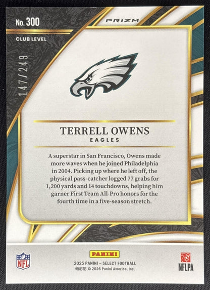 Terrell Owens 2025 Panini Select Club Level Tri-Color Prizm /249 Eagles Sports Trading Card