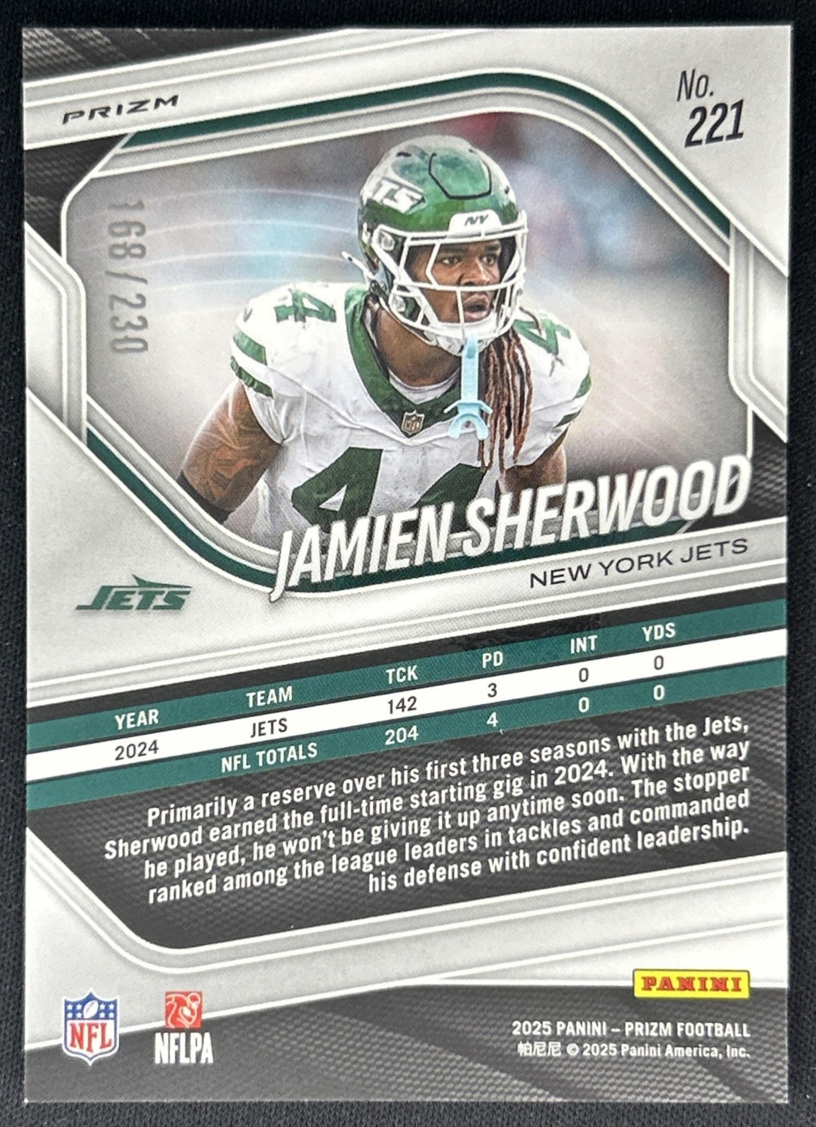 Jamien Sherwood 2025 Panini Prizm Blue Wave /230 Jets back