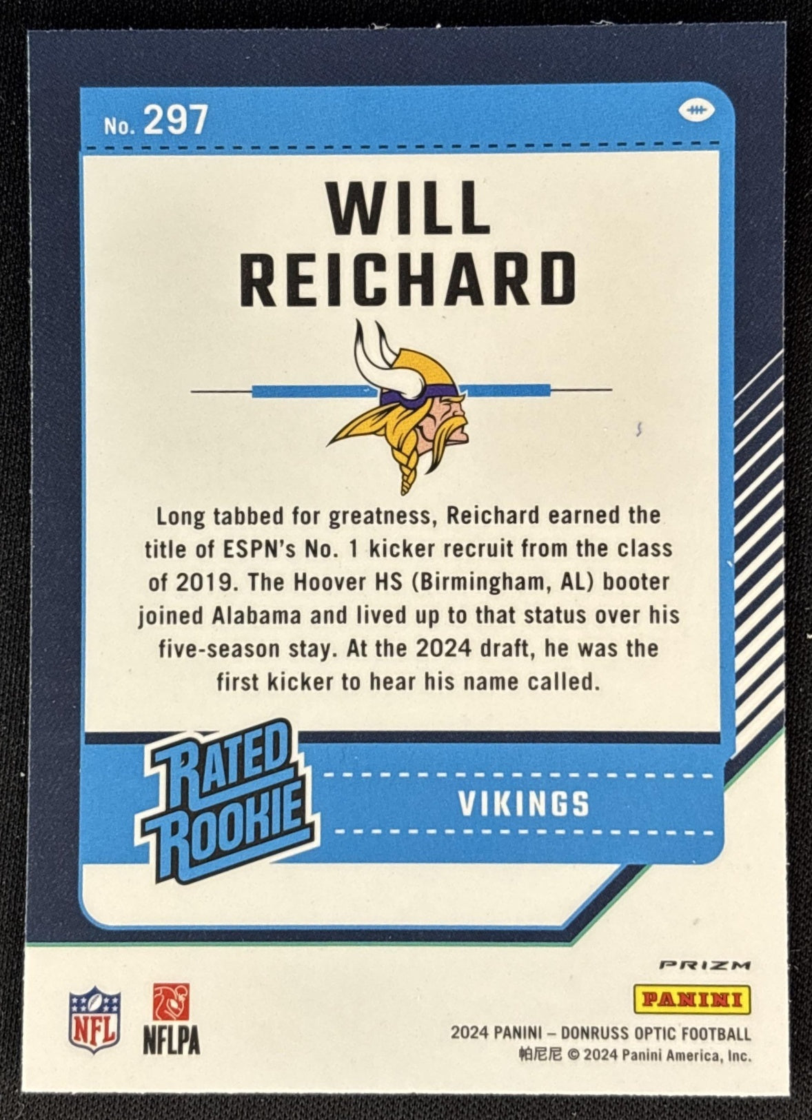 Will Reichard 2024 Panini Donruss Optic Blue Hyper Vikings