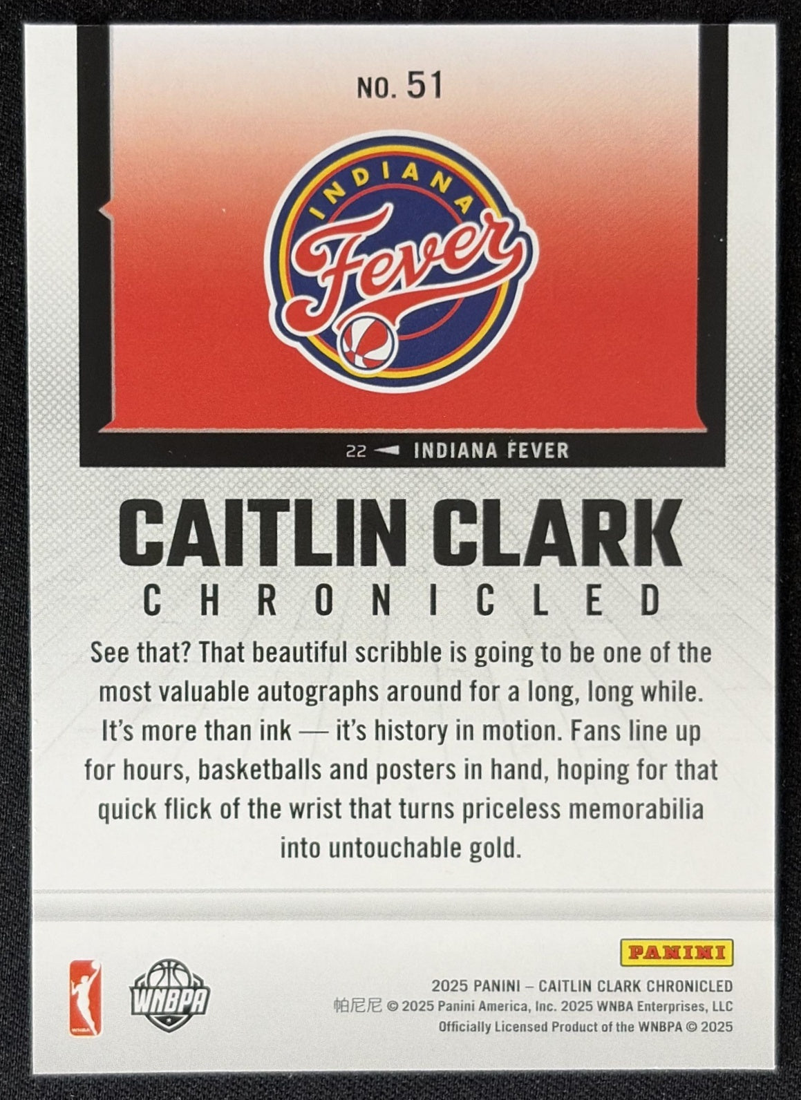 Caitlin Clark 2025 Panini Chronicled Life Style Fever 51 Sports Trading Card