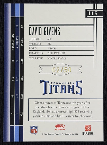 Back of David Givens 2006 Leaf Limited Bronze Spotlight /50 Titans sports trading card