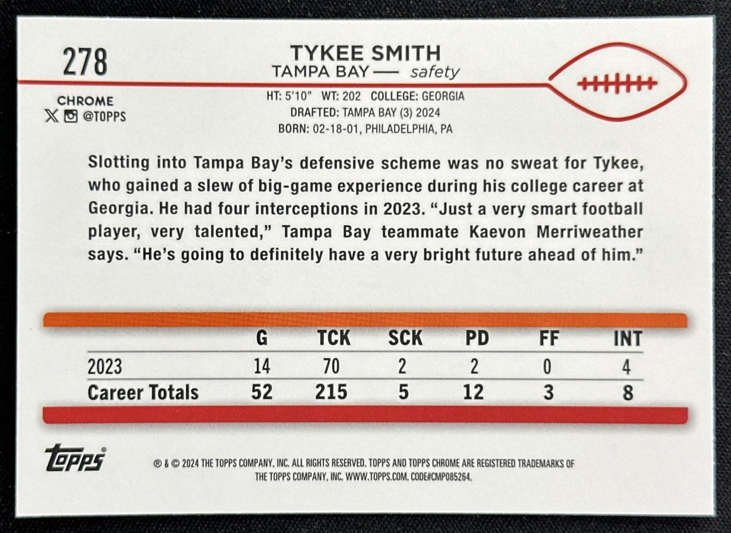 Tykee Smith 2024 Topps Chrome Purple Speckle Refractor /275 Buccaneers