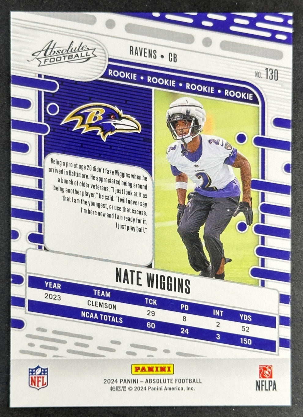 Nate Wiggins 2024 Panini Absolute Rookies Ravens Sports Trading Cards