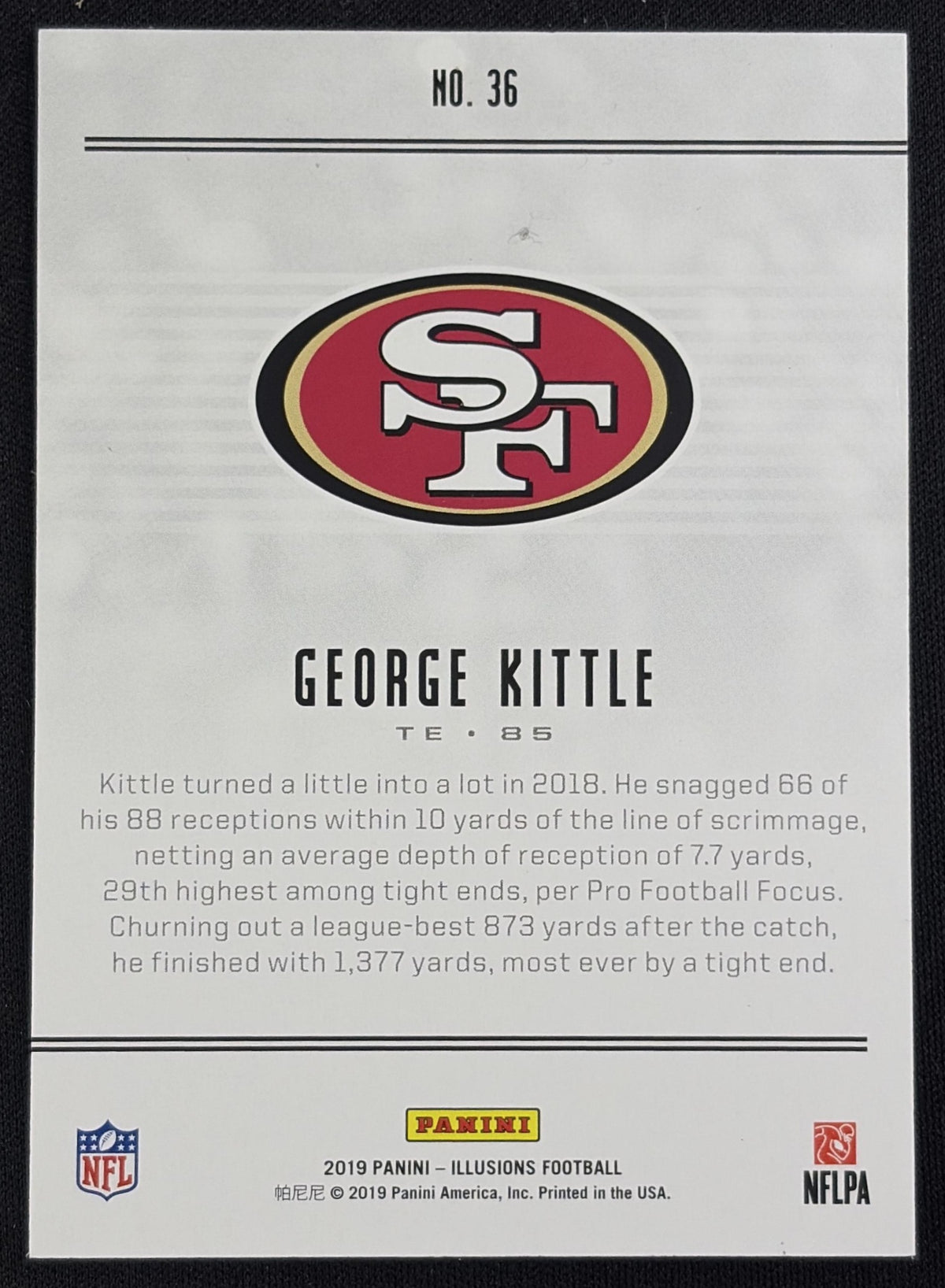 George Kittle 2019 Panini Illusions Trophy Collection Gold /399 49ers - Back