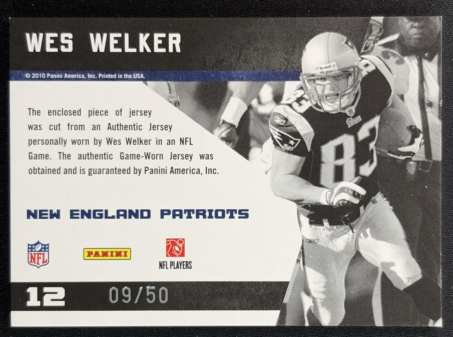 Wes Welker 2010 Panini Threads Century Stars Materials Prime /50 Patriots back