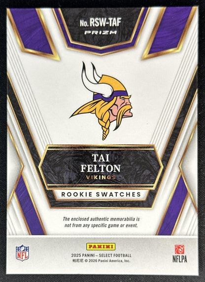 Tai Felton 2025 Panini Select Rookie Swatches Red Prizm Vikings Sports Trading Cards