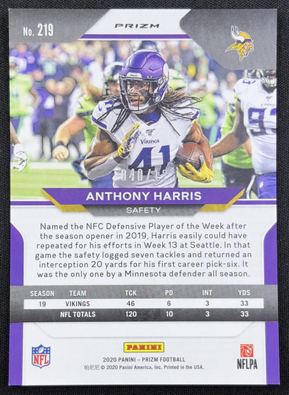 Anthony Harris 2020 Panini Prizm Purple /125 Vikings back