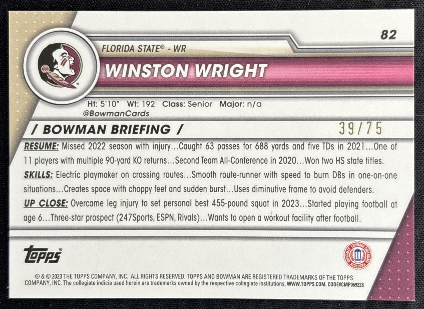 Winston Wright 2023 Bowman University Chrome Sapphire Yellow /75 Seminoles back