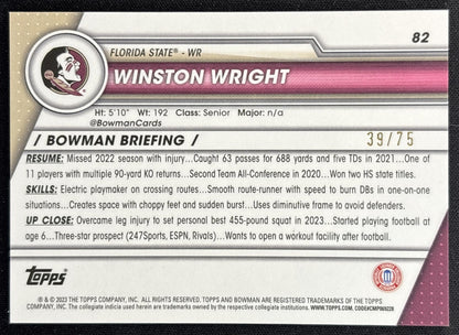 Winston Wright 2023 Bowman University Chrome Sapphire Yellow /75 Seminoles back