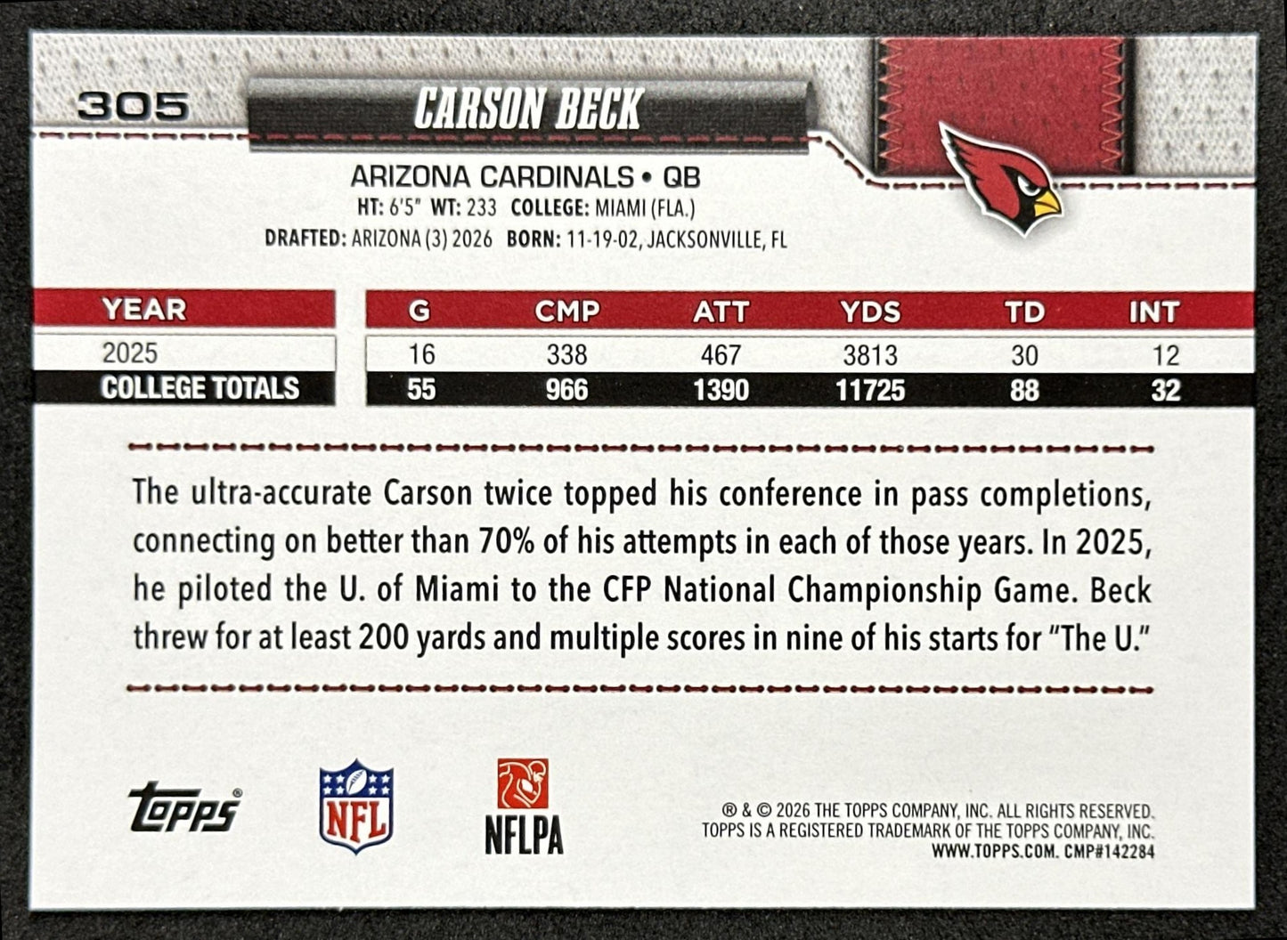 Carson Beck 2026 Topps Flagship Rookie Cardinals Sports Trading Card