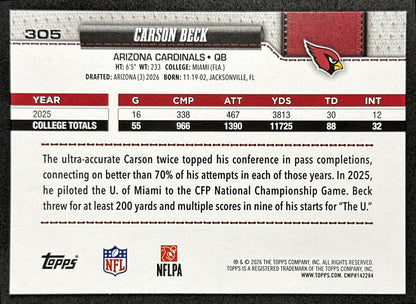 Carson Beck 2026 Topps Flagship Rookie Cardinals Sports Trading Card