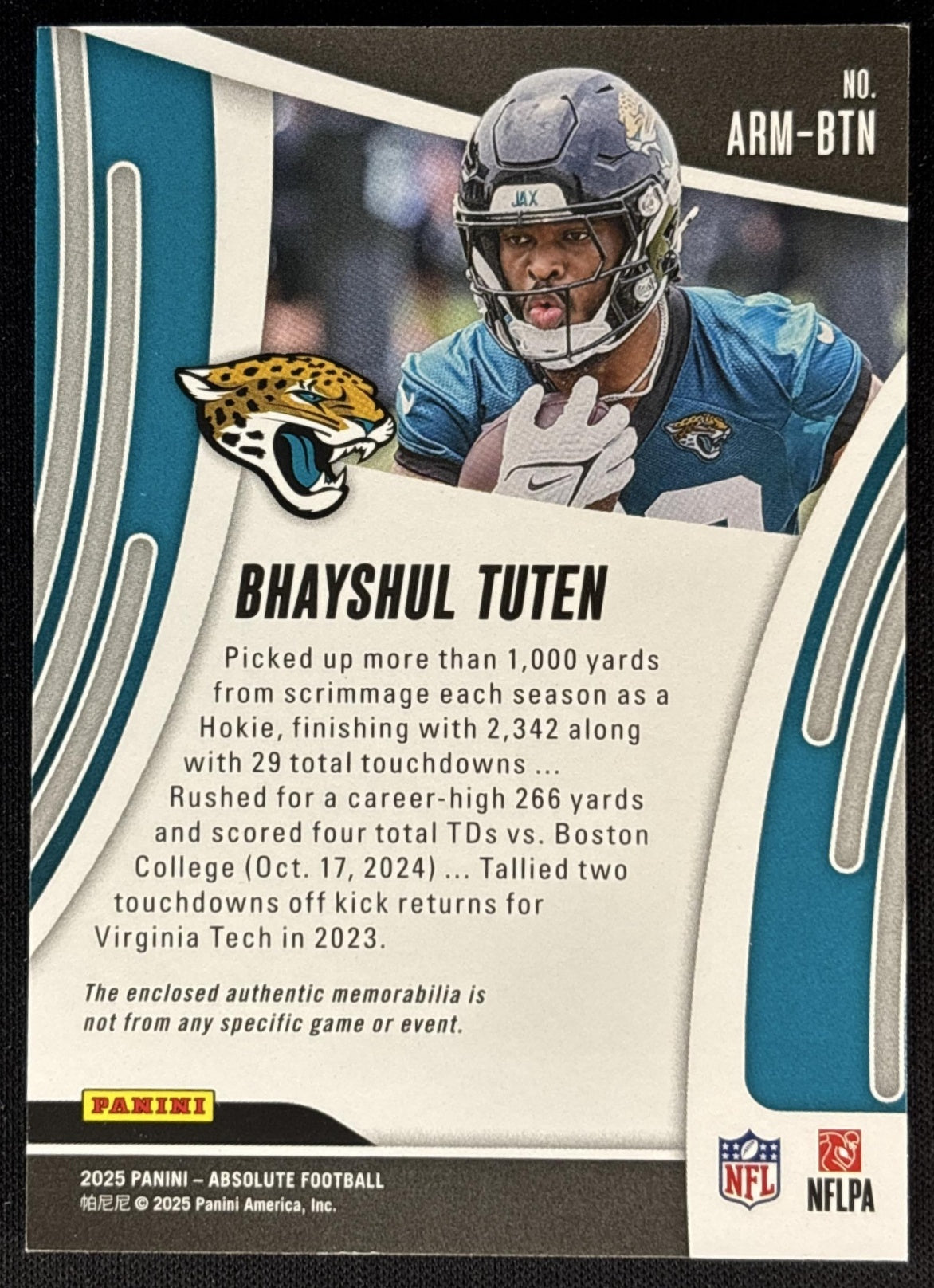 Bhayshul Tuten 2025 Panini Absolute Rookie Materials Jaguars