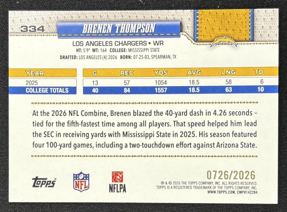 Brenen Thompson 2026 Topps Gold /2026 Chargers