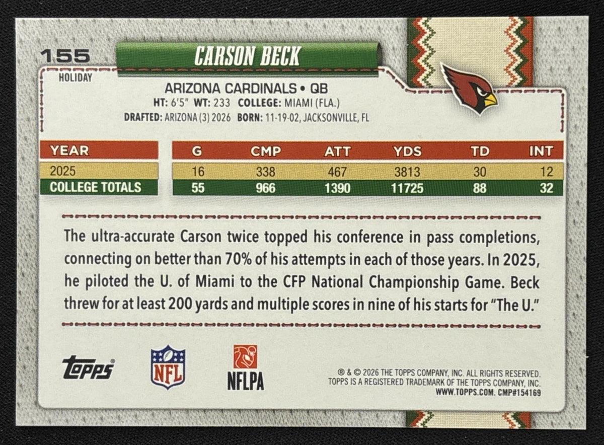 Carson Beck 2026 Topps Holiday Back Variation Cardinals - Back