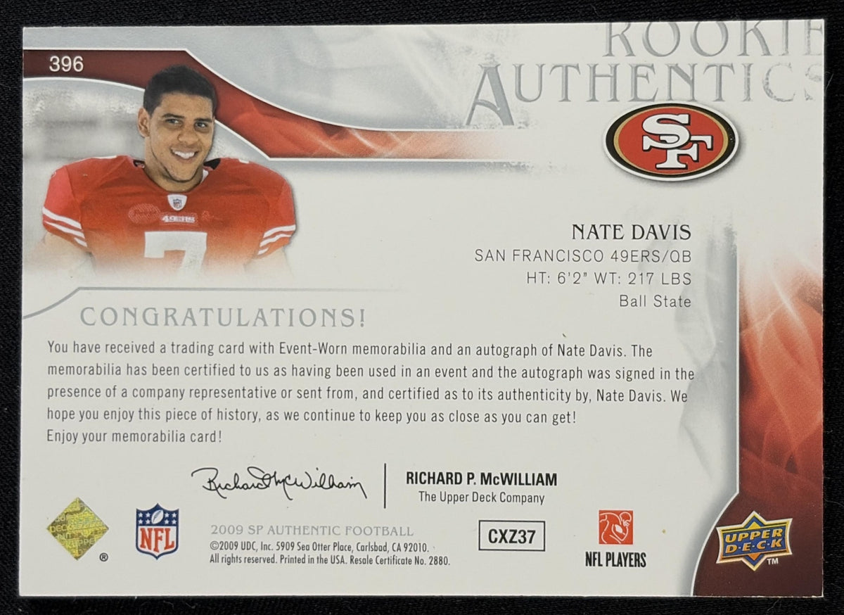 Back of Nate Davis 2009 SP Authentic /999 49ers sports trading card