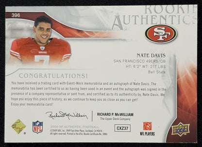 Back of Nate Davis 2009 SP Authentic /999 49ers sports trading card