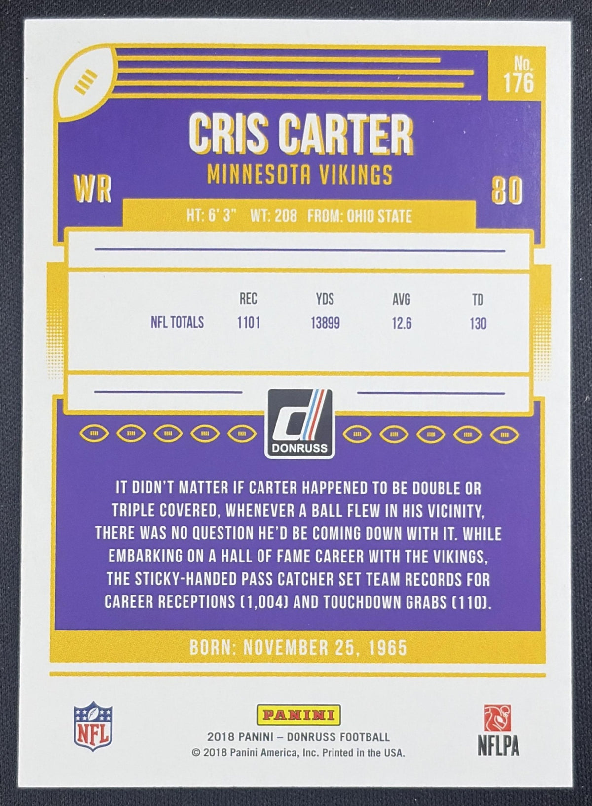 Cris Carter 2018 Panini Donruss Season Stat Line /400 Vikings
