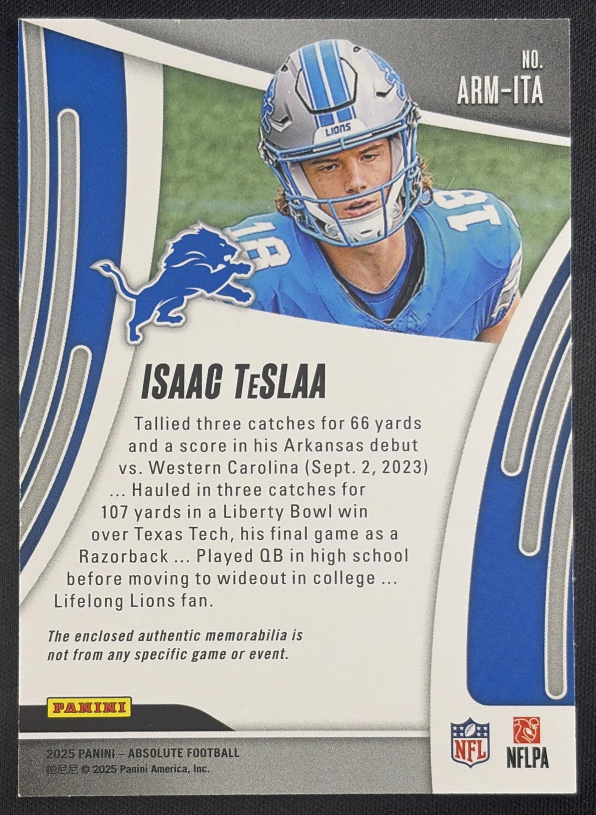 Isaac TeSlaa 2025 Panini Absolute Rookie Materials Lions